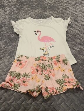 Girls White Flamingo Graphic Top with Pink Floral Shorts Matching Set